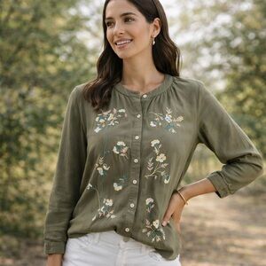 Floral Embroidered Button Front Blouse Olive Green J Jill M